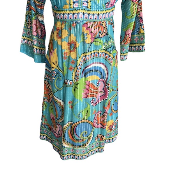 Trina Turk Floral & Metallic Silver Striped 3/4 Bell Sleeve Midi Dress - 4 - Picture 4 of 11